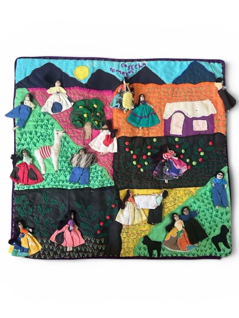 Handmade Peruvian Arpillera 3D Folk Tapestry Story Of Their Daily Life Harvest
